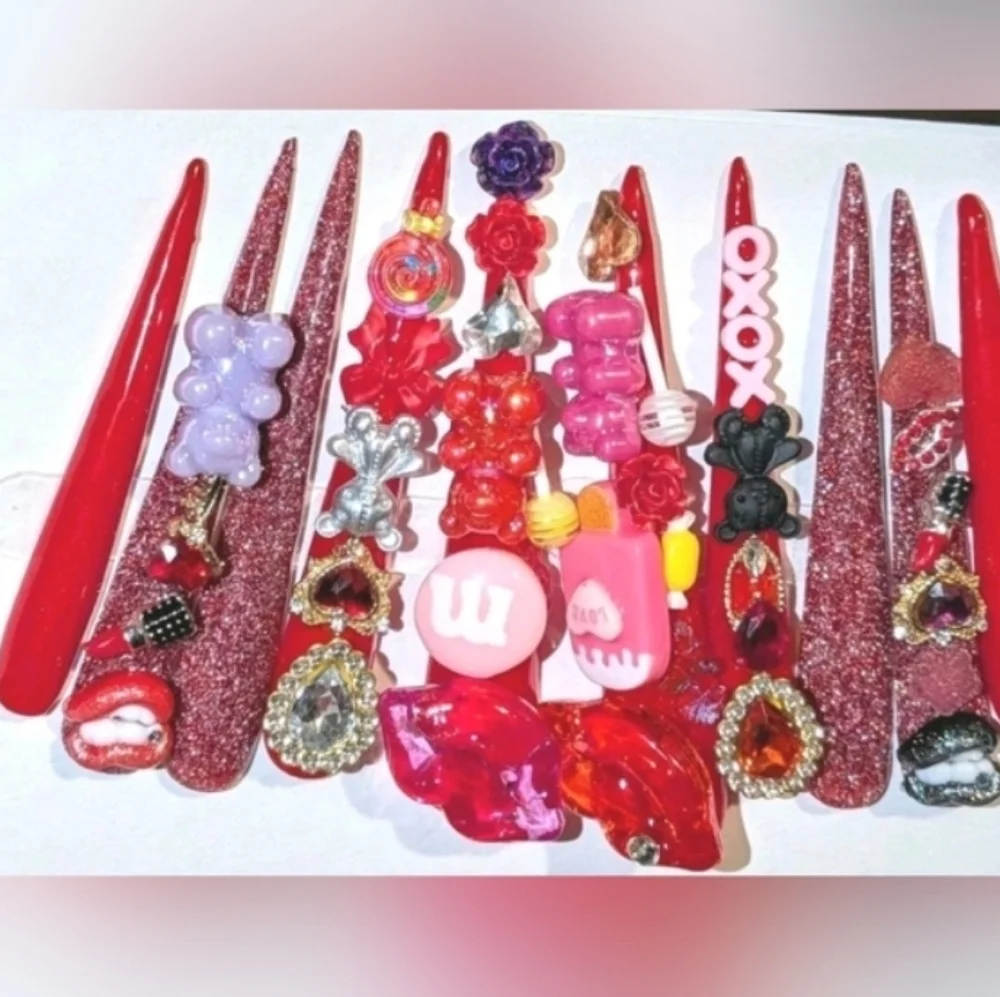 Red and Pink Decorative 4xl Acrylic Press On Nail Set Sz Medium